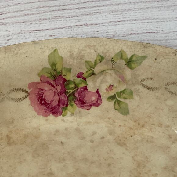 Antique Porcelain Cream Oval Bowl or Serving Dish with Roses Gold Chain 9" Long - Picture 6 of 16